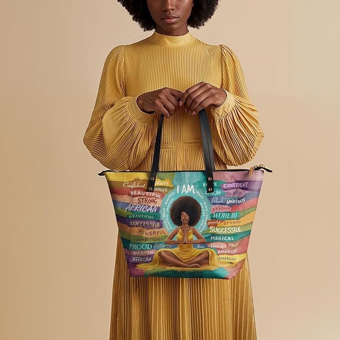 African Black Women's Leather Tote Bag, Large, Premium Vegan Leather, Full Zip, Perfect Christmas Gifts For Women