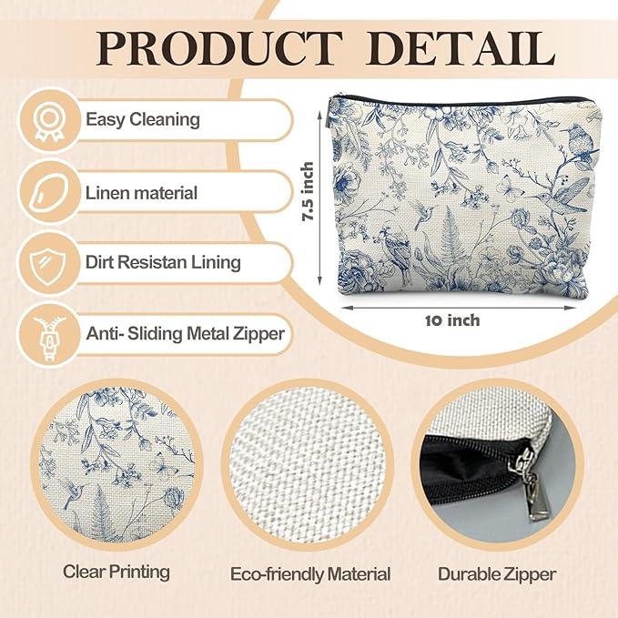 Chinoiserie Floral Makeup Bag, Chinoiserie Decor Cosmetic Bag Toiletry Bag for Women, Floral Bird Makeup Bag, Chinoiserie Makeup Pouch