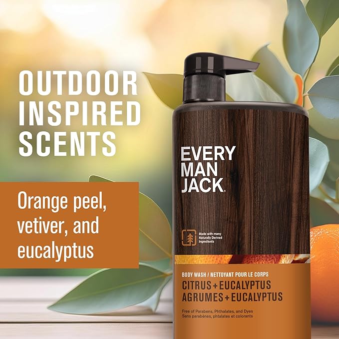 Every Man Jack Nourishing Citrus + Eucalyptus Mens Body Wash for All Skin Types - Naturally Derived Ingredients - Cleanse and Hydrate Skin with Coconut and Glycerin - 24 Fl Oz (2 Pack)
