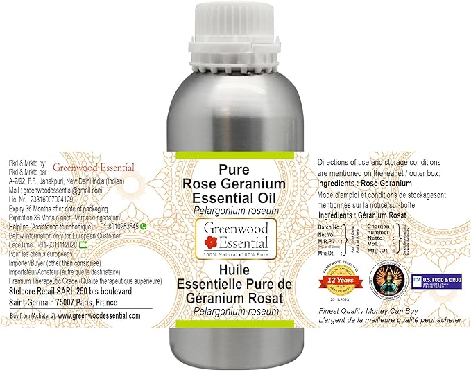 Greenwood Essential Pure Rose Geranium Essential Oil (Pelargonium roseum) Steam Distilled 300ml (10.1 oz)