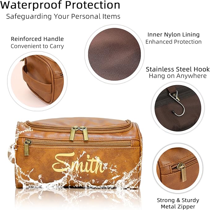 Personalized Toiletry Bag for Men, Engraved Name Initials Toiletry Bag, Customized Monogram Travel Shaving Dopp Kit for Groomsmen, Gift for Christmas, Birthday, Dad, Husband, Grandpa (Dark Coffee)