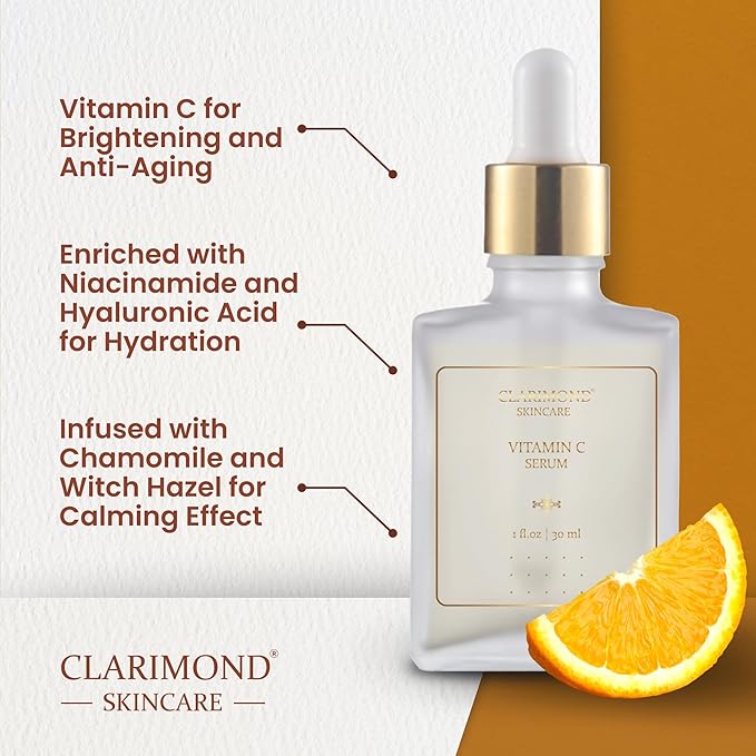 CLARIMOND Vitamin C Serum for Face | 20% Vitamin C | Niacinamide & Hyaluronic Acid | Dark Spot Remover, Brightening & Glow | Chamomile, Witch Hazel & subtle Sweet Orange touch | 1 fl.oz.