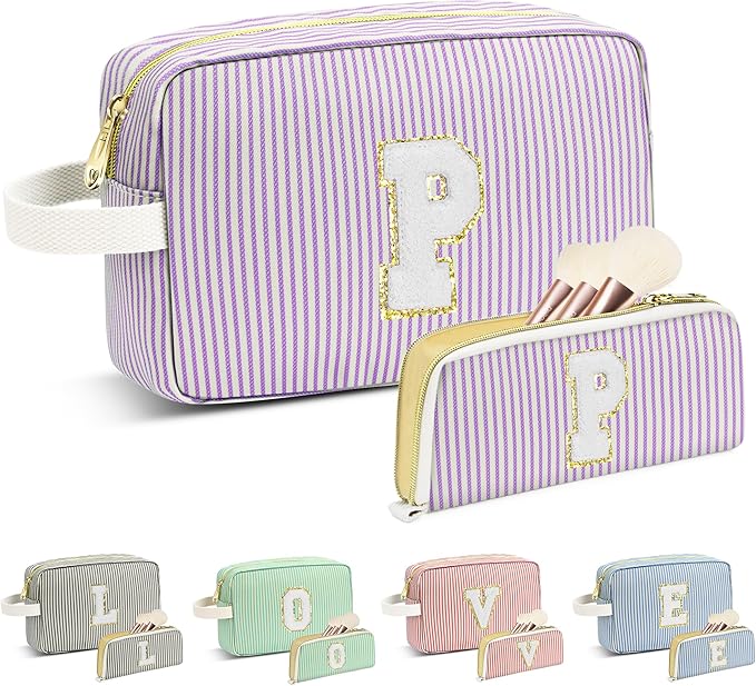 Travel Makeup Bag Christmas Gifts for Women Girl Teens, Personalized Initial Makeup Bag for Cute Teen Girls, Preppy Stuff Toiletry Bag Cosmetic Bag, Teen Girls Gift Trendy Stuff, Letter P