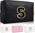 Personalized Initial Letter Patch Makeup Bag, Preppy Portable Chenille Cosmetic Bag with Zipper, PU Leather Waterproof Travel Toiletry Bag Monogram Make Up Pouch for Women Girls