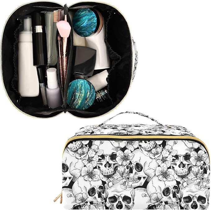 Makeup Organizer Bag, Skull and Flower Travel Makeup Bags Makeup Vanity Case Large Capacity Rhombus Cosmetic Toiletry Bag for Girl Women Ladies