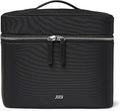 Vanity Cosmetic Case - Stylish Travel Makeup Bag for Women with Removable Wet Pouch, Upright Bottle Design, Clear Top Pocket, Leather Handle, Travel Essentials, Toiletry Organizer - Black