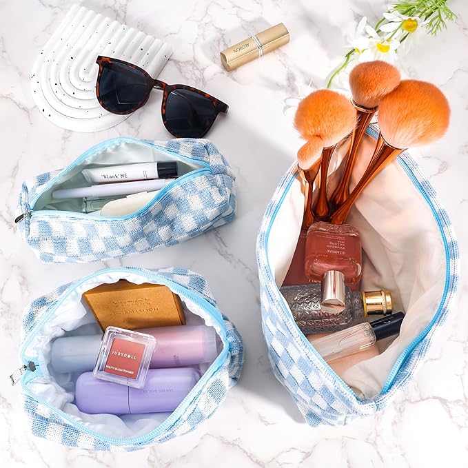ZLFSRQ 3Pcs Checkered Makeup Bag for Women Large Small Checkered Cosmetic Bag Set Aesthetic Preppy Pencil Case Cute Pencil Pouch Blue Makeup Pouch for Purse Travel Toiletry Bags Zipper Skincare Bags