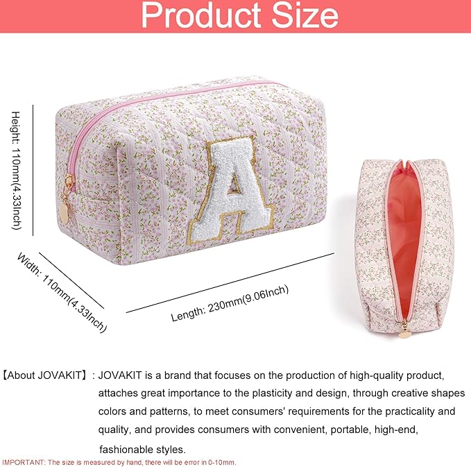 JOVAKIT Makeup Bag Cosmetic Bags for Women, Christmas Gifts for Girls Age 6-18, Alphabet Pink Floral Coquette Zipper Travel Makeup Pouch, Organizer Case Trendy Stuff (Pink Floral A)