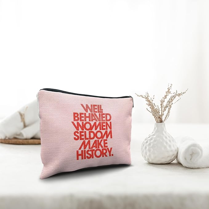 Nogrit Female Empowerment Trendy Pink Preppy Makeup Cosmetic Bag,Well-Behaved Women Seldom Make History Makeup Travel Toiletry Bag,Inspirational Gifts for Women