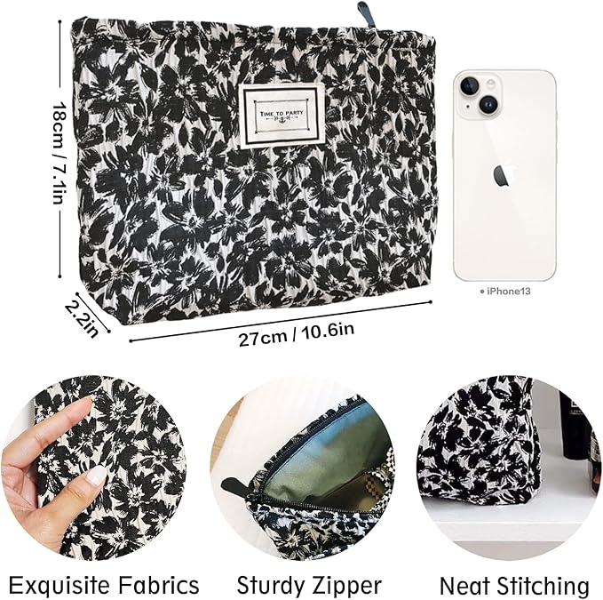 STARDW Aesthetic Floral Makeup Bag Cute Small Cosmetic Bags for Women Girls, Travel Toiletry Bag Large Capacity Zipper Makeup Pouch, Purse Organizer Pouches (Black Flowers)