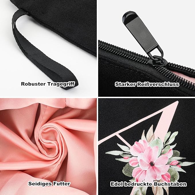 Vavabox A-Z Personalized Makeup Bag, Birthday Gifts for Women Mom, Gifts for Best Friend, Bride Bridesmaid Cosmetic bag (C, 04-Black Set)