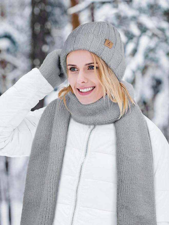 Winter Beanie Hat Scarf Gloves, Warm Fleece Knit Hat Long Scarf Neck Warmer Touch Screen Winter Gloves Set Gifts for Women