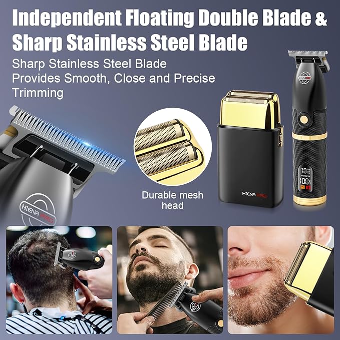 HIENA PRO Hair Trimmers and Foil Shaver for Men Kit,Men Professional Cordless Barbers Hair Clippers with LCD Display,Black Gold Zero Gapped Hair Trimmer, Double Foil Shaver