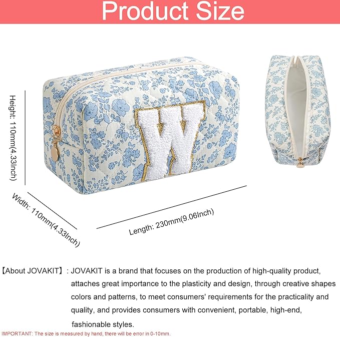 JOVAKIT Alphabet Makeup Bag Cosmetic Bag for Women, Christmas Gifts for Girls Age 6-18, Floral Flowers Coquette Travel Toiletry Zipper Make Up Pouch Organizer Trendy Stuff (Blue Floral W)
