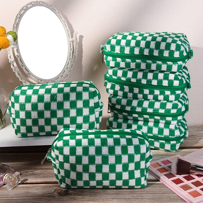 SOIDRAM Checkered Makeup Bag Preppy Cosmetic Bag Bulk Green Makeup Pouch Personalize Travel Toiletry Bag Organizer Cute DIY Makeup Brushes Storage Bag for Women