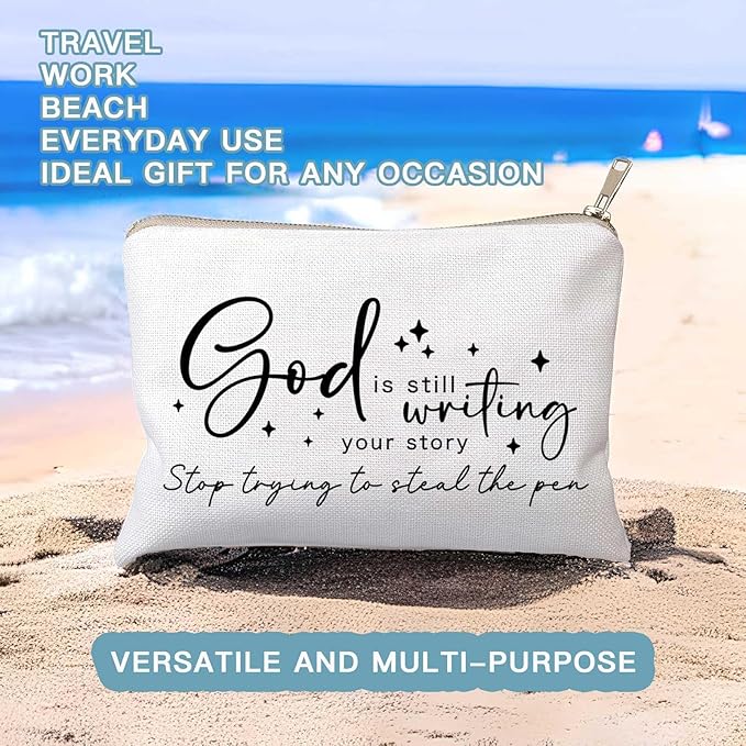 God is Still Writing Your Story Travel Bag Funny Christian Women of the Bible Makeup Bag Bible Quote Christian Quotes Scripture Makeup Pouch Linen Cotton Bag