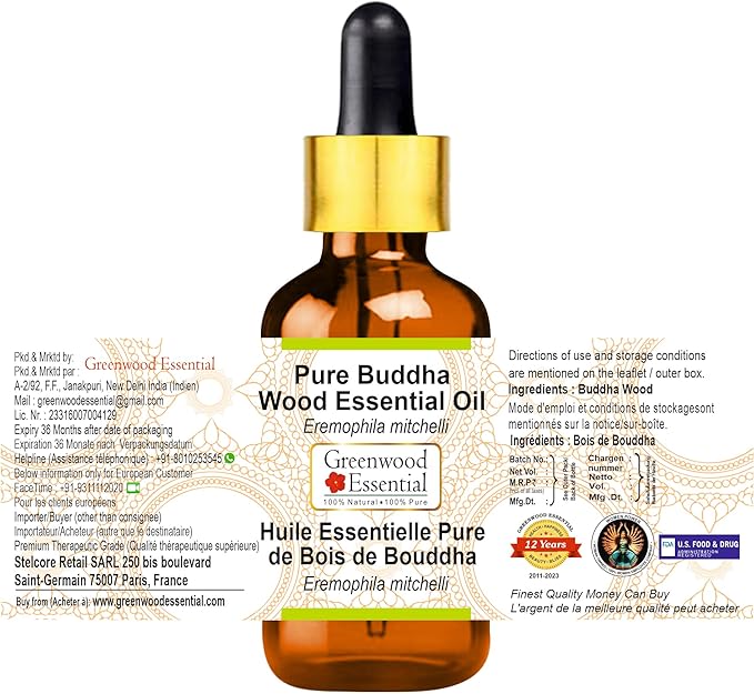 Greenwood Essential Buddha Wood Essential Oil (Eremophila mitchelli) with Glass Dropper | Pure | Non-Sticky | Non-Greasy | Lightweight | Men & Women | All Skin Types | Steam Distilled 2ml (0.06 oz)