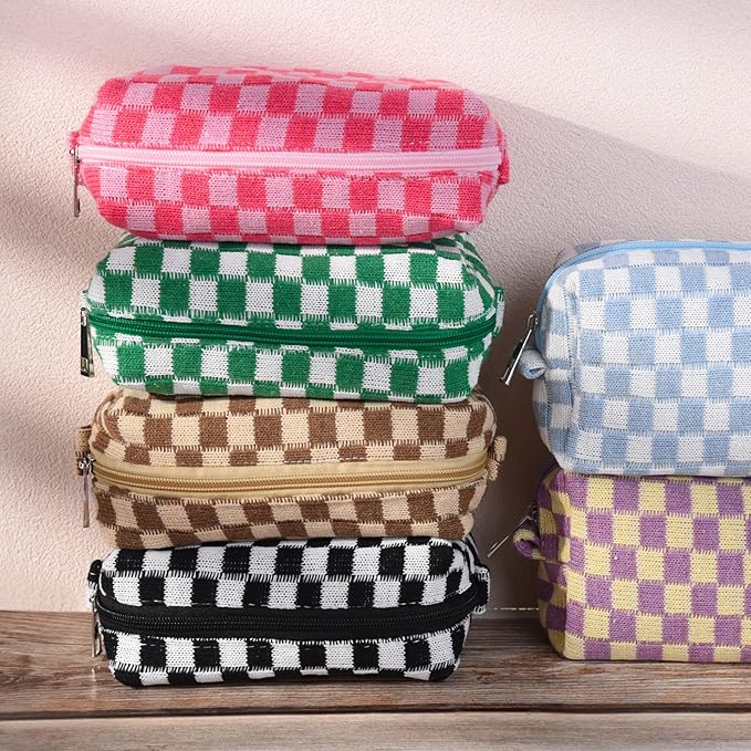 SOIDRAM 6 Pcs Checkered Makeup Bag Preppy Cosmetic Bag Bulk Pink Black Makeup Pouch Personalize Travel Toiletry Bag Organizer Cute DIY Makeup Brushes Storage Bag for Women