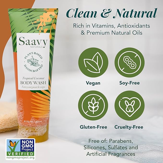 Saavy Naturals Body Wash Tropical Coconut Plant-Based Ingredients| Made In Usa | Sensitive Skin Body Wash, l Organic & Vegan Formula With Coconut Oil, Shea Butter, And Aloe Vera - 8.5 Fl Oz, 2 Pack
