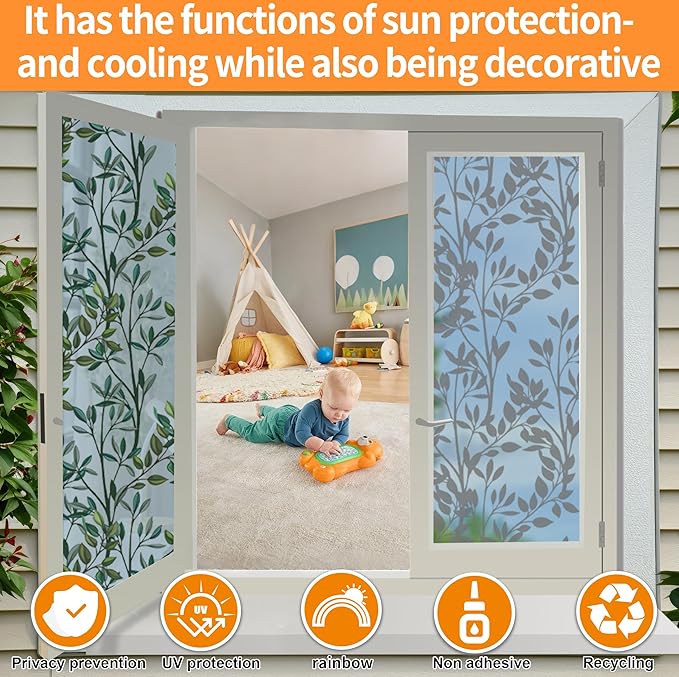 One Way Privacy Film, Window Tint for Home,Daytime Reflective, Anti UV Static Cling Sliding Door Coverings No Glue Garage Solar Paper (Silver-Leaves, 17.5 x 78.7 in)