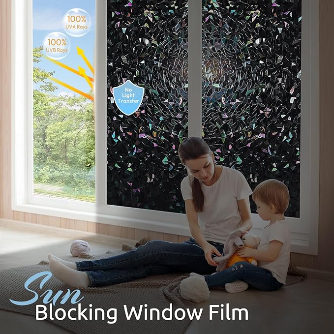 rabbitgoo Window Privacy Film Rainbow Film Decorative Window Sticker, 3D Static Stained Glass Cling Tint for Room Darkening Day Sleep, Black, 23.6 x 78.7 inches