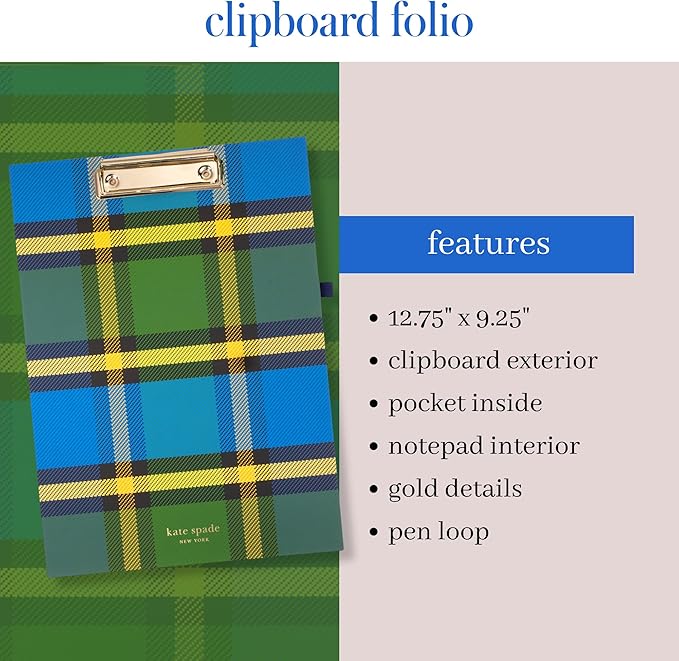 Kate Spade New York Clipboard Folio with Low Profile Clip, Professional Padfolio Includes Lined Notepad, Pen Loop, and Pocket, Grand Plaid Duo