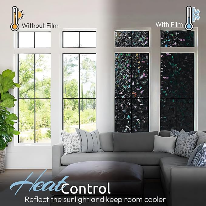 rabbitgoo Window Privacy Film Rainbow Film Decorative Window Sticker, 3D Static Stained Glass Cling Tint for Room Darkening Day Sleep, Black, 23.6 x 78.7 inches