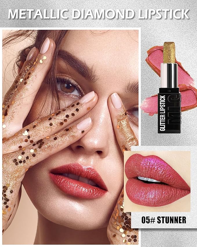Diamond Glitter Matte Lipstick, Long Lasting Waterproof Gold Pink Metallic Sparkling High Pigment Non-Stick Lip Tint Lip Gloss,Full-coverage Lipgloss, Christmas Lip Makeup Gift for Women Girl-05