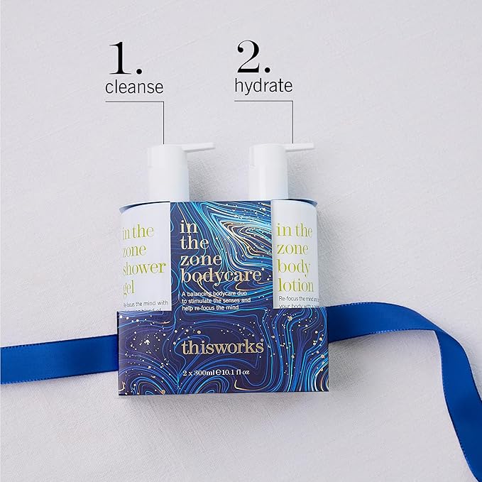 THISWORKS In The Zone Set – Shower Gel 300ml & Body Lotion 300ml – Balancing Bodycare with Coconut Oil, Glycerin, Eucalyptus & Frankincense to Cleanse, Nourish & Refocus the Mind