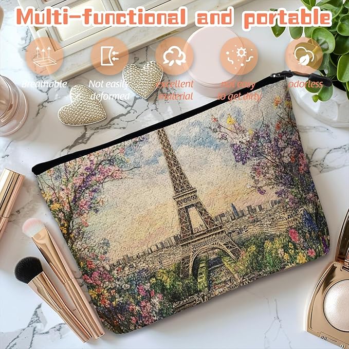 Cosmetic Bags Travel Makeup Toilet Case Waterproof Pouch for Women Girls 6.7X9.45inches - The Eiffel Tower Surrounded By Spring Flowers