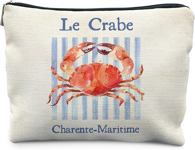 Vintage Crab Beach Makeup Bag, Crab Lovers Gifts Cosmetic Bags for Women, Gifts for Beach Ocean Lovers, Retro Blue Stripes Seafood Aesthetic Zipper Makeup Pouch