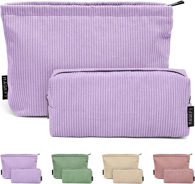MAGEFY Small Makeup Bag 2 PCS Corduroy Make up Bag for Purse Large Capacity Travel Cosmetic Bag for Women Zipper Makeup Pouch for Travelling Preppy Stuff - Purple