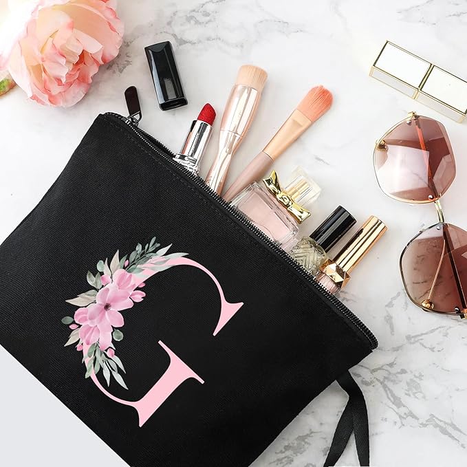 Vavabox A-Z Personalized Makeup Bag, Birthday Gifts for Women Mom, Gifts for Best Friend, Bride Bridesmaid Cosmetic bag (G, Black)