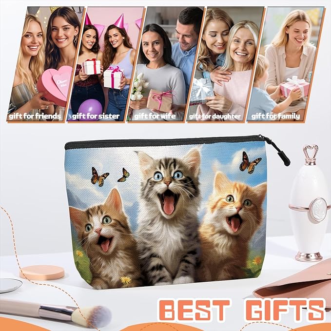 Cosmetic Bags Travel Makeup Toilet Case Waterproof Pouch for Women Girls 6.7X9.45inches - Kittens With Butterflies in A Mountain - Sky Background