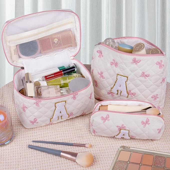Initial Makeup Bag Set, Personalized Quilted Makeup Bag, Large Floral Cosmetic Bag for Women, Cute Cotton Custom Make up Bags, Flower Travel Toiletry Bag Teen Girl Gift Pink Butterfly A