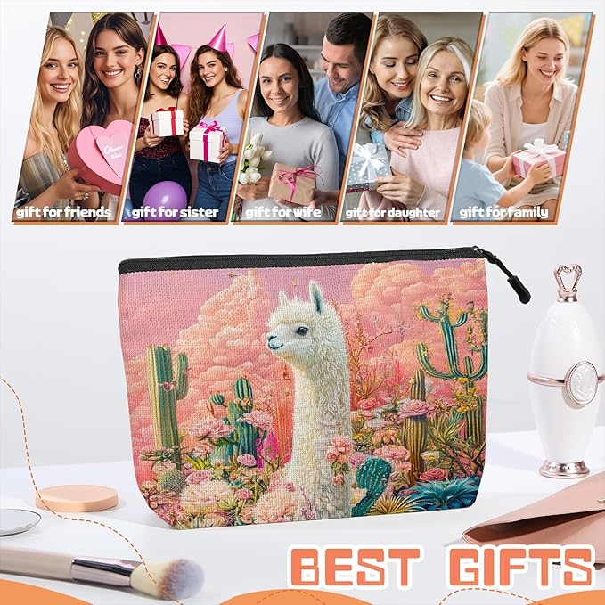 Cosmetic Bags Travel Makeup Toilet Case Waterproof Pouch for Women Girls 6.7X9.45inches - White Alpaca Stand BetweenFlowers And Cacti