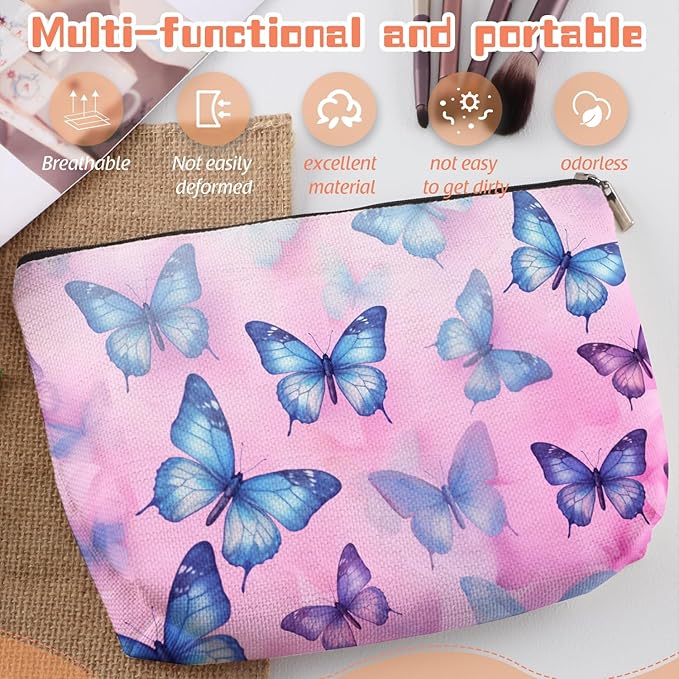 Makeup Bag Travel Cosmetic Bags Small Makeup Case Waterproof Zipper Pouch for Women Girls 7X9inches - Blue And Purple Butterflies on A Pink Background