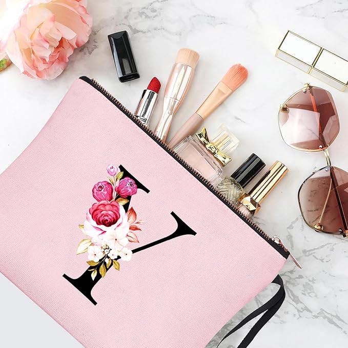 Vavabox A-Z Personalized Makeup Bag, Birthday Gifts for Women Mom, Gifts for Best Friend, Bride Bridesmaid Cosmetic bag (Y, Pink)