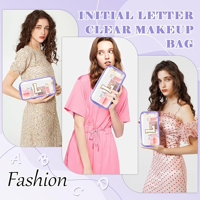 Personalized Initial Letter Clear Makeup Bag,Preppy Small Nylon&PVC Cosmetic Zipper Bag with Chenille Letter,Travel Skincare Toiletry Bag,Monogram Christmas Gift for Teen Girls Women,L