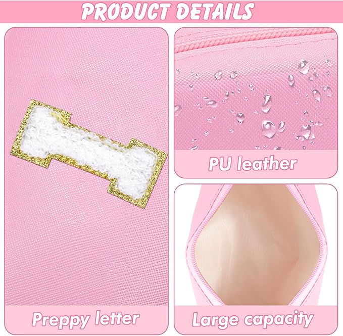 Initial Makeup Bag Personalized Preppy Travel Small Cosmetic Bag Cute PU Pink Chenille Letter Makeup Pouch for Purse Waterproof Zippered Toiletry Organizer for Women Girls Kids Friends (I)