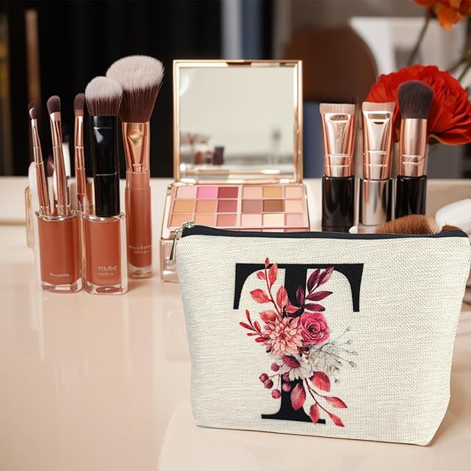 Initial A-Z Personalized Floral Makeup Bag, Monogrammed Birthday Gifts for Women Mom, Mothers Day Christmas Gift Ideas for Best Friend, Bride Bridesmaid, Her, Grandma, Small Travel Cosmetic Bag (T)
