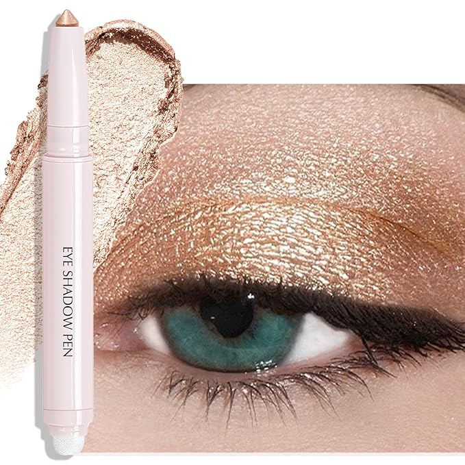 Eyeshadow Stick, Sand Shimmer Cream Eyeshadow Long-Lasting Crease-Proof Glitter Eyeliner Pencil High Pigmented Neutral Highlighter Makeup Crayon with Blending Brush & Built-in Sharpener