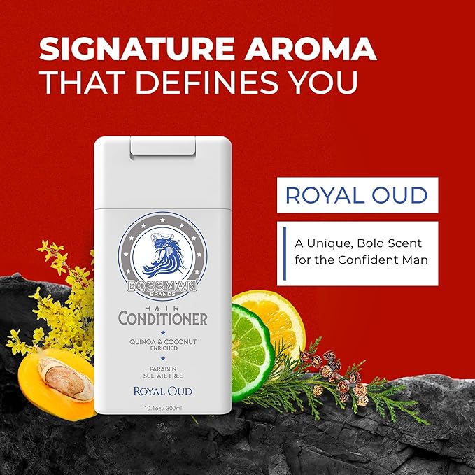 Bossman Moisturizing Hair Conditioner for Men – Stimulates, Hydrates, Soothes Men's Hair and Scalp – Natural Quinoa & Coconut Enriched - Paraben & Sulfate Free (Royal Oud Scent)