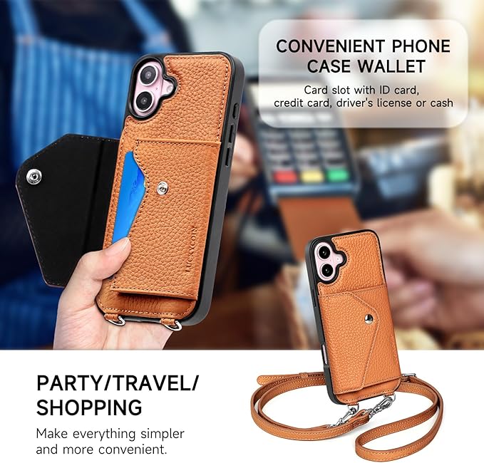 LUCKYCOIN Crossbody Wallet Phone Case for iPhone 16 Plus,100% Genuine Leather Wallet Phone Case with Expandable Flip Card Holder,Phone Purse for Women with Adjustable Removable Strap - Pebble Brown