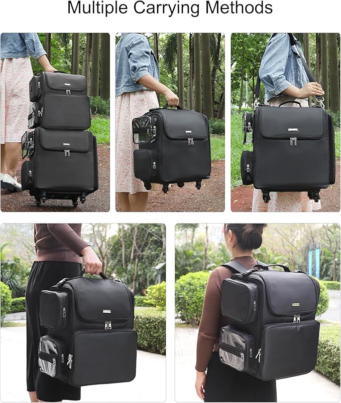 Relavel Rolling Makeup Train Case with Hair Stylist Backpack, Hairstylist Traveling Bag with 4 Wheels, Heat Insulation Full Layer, Adjustable Dividers, Hair Tools and Cosmetics Storage Organizer