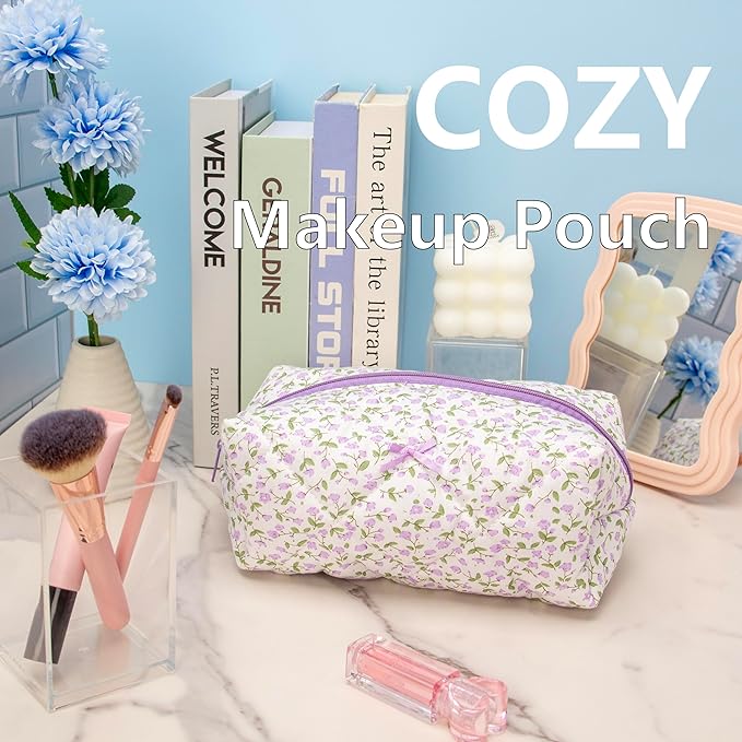 PAZIMIIK Cozy Makeup Bag Travel Cosmetic Bag for Women Soft Toiletry Bag Aesthetic Makeup Organizer Portable Large Zipper Pouch for Skincare Beauty Accessories Brushes Floral Purple