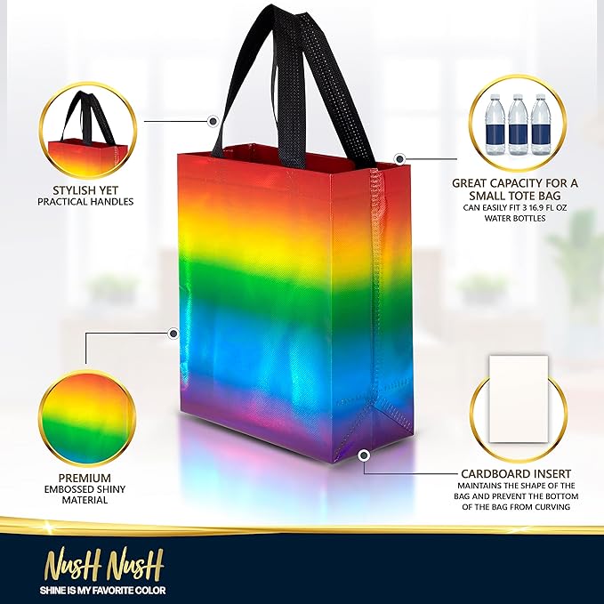 Nush Nush Holographic Rainbow Gift Bags Medium Size– Set of 12 Colorful, Reusable Rainbow Gift Bags with Handles - Ideal Goodie Bag for Birthday Party, Kids Party, Sleepover, Pride Events - 8x4x10