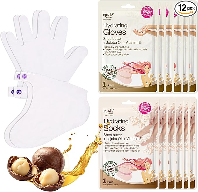 Epielle Hydrating Hand & Foot Masks for Dry, Overworked Skin, Self Care Gifts for Women, Spa Kit, Stocking Stuffers, Thanksgiving Essentials, 6 Moisturizing Gloves & 6 Moisturizing Socks