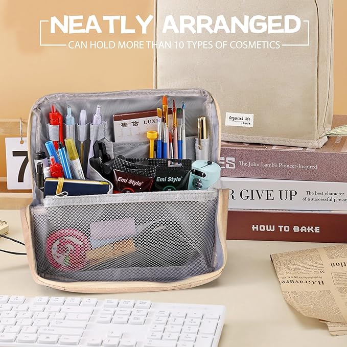 Large Capacity Standing Makeup Bag for Travel, Foldable Hanging Toiletry Organizer with 3 Storage Layers & 8 Inner Pockets, Portable Cosmetic Case for Women (Beige)