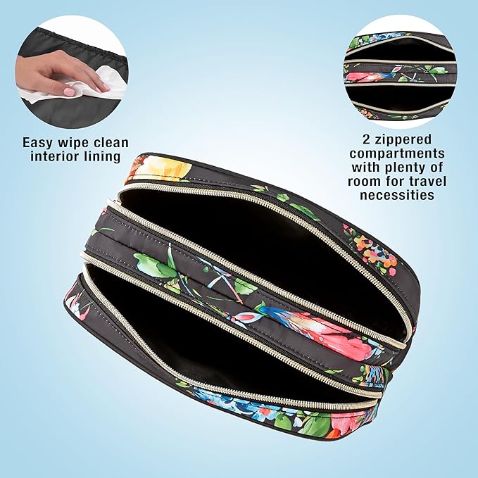 Conair Travel Double Zip Organizer - Toiletry Bag - Makeup Bag - Travel Makeup Bag - Makeup Organizer - Black Floral Print
